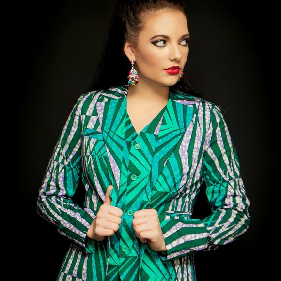 NWT Geometric African Print Blazer/Jacket - B9300 Green/Teal - Picture 2 of 4